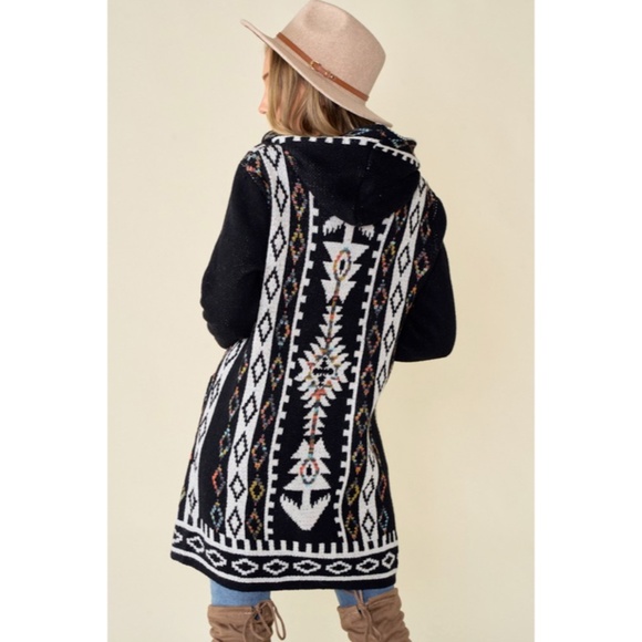 SOLD OUT Black Aztec Rainbow Western Hooded Knit Cardigan Long Sleeve Open - Picture 7 of 8